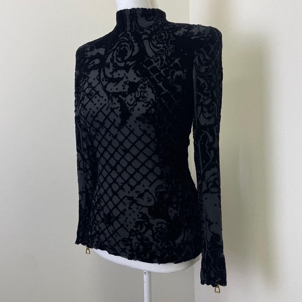 Balmain x HM 2015 Black Silk Burnout Velvet Mock Neck Top Gold Zip Size 8 - Picture 2 of 16